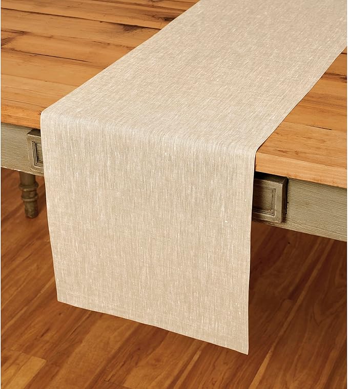 Solino Home Linen Champagne Beige Table Runner 132 Inches Long - Athena, 100% Pure Linen Dining Table Runner 14 x 132 Inch for Summer