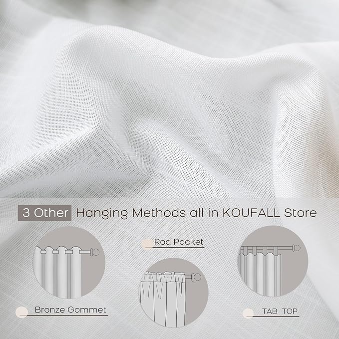 KOUFALL White Linen Sheer Curtains Drapes 96 Inches Long 2 Panels for Living Room 96 Inch Length Semi Light Filtering Curtains for Bedroom