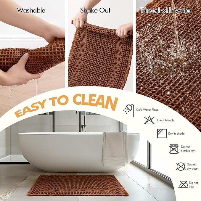 MIULEE Set of 2 Waffle Bathroom Rugs, Terracotta Boho Bath Rug Super Absorbent, Non Slip Washable Ultra Soft Rubber Backed Shower Bath Mats for Floor, Tub, Looped Design, Caramel, 17"x24"+18"x30"