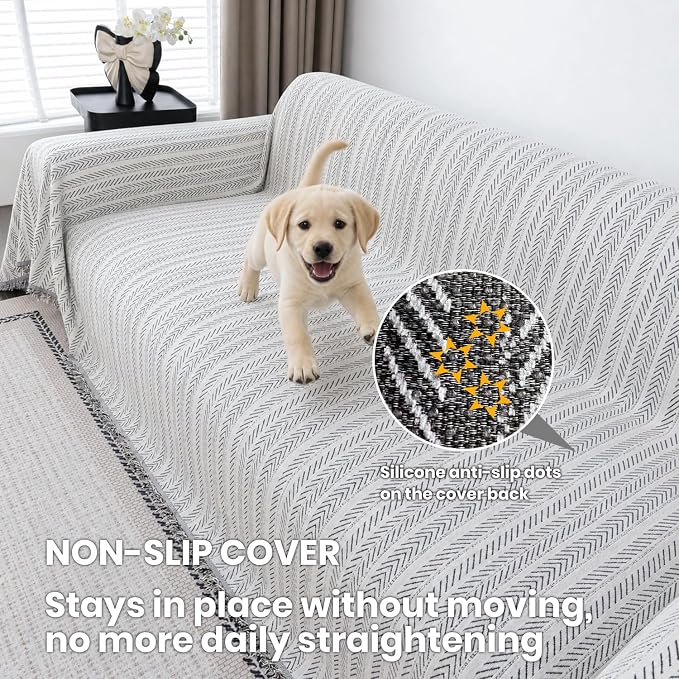 Chenille Couch Cover for Sofa Non Slip Cover Washable Pet Scratch Couch Covers Tassel Sofa Slipcover for 3 Cushion Couch Furniture Protector Blanket for Living Room,Beige 91"x150"