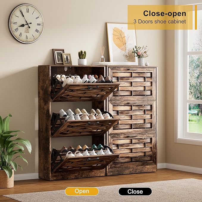 White Shoe Cabinet Storage with 6 Flip Drawers for Entryway, Slim Shoe Rack Cabinet with Woven Design Drawers, Narrow Shoe Organizer for Hallway, Apartment (Rustic Brown, 6 Drawers)