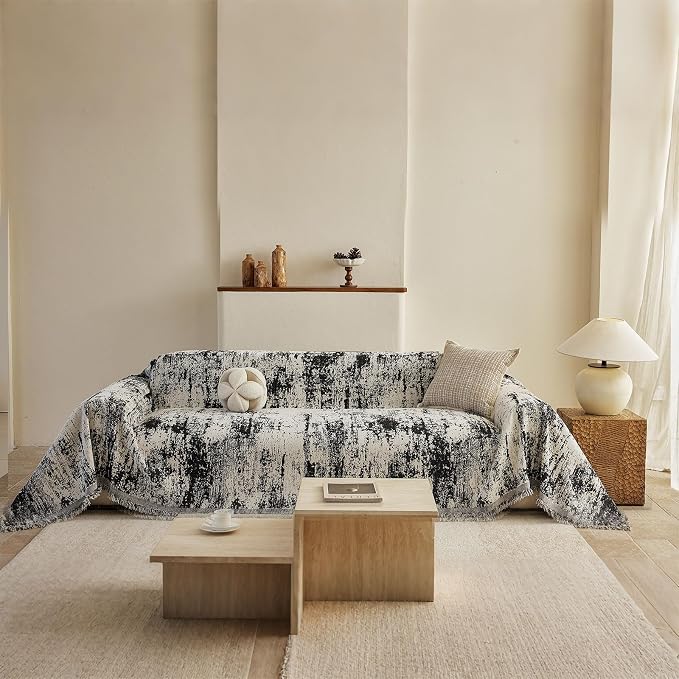 VClife Boho Couch Cover, Non Slip Soft Couch Covers for 2 Cushion Couch Sofa Pet Friendly, Irregular Vintage Black Off-White Scraped Texture Furniture Protector Sofa Slipcover for Dog, 71" X 118"