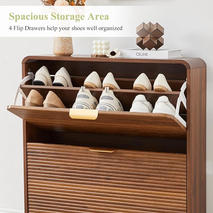 RARZOE Set of 2 Fluted Shoe Storage Cabinets for Entryway, Narrow Curved Shoe Cabinet with 2 Flip Drawers, Wood Hidden Shoe Organizer Closed Shoe Rack Cabinet for Foyer,Hallway (29.5''Walnut)