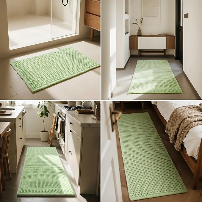 Triohero Waffle Runner Bath Mat - Long Bathroom Rugs Non Slip Washable, Ultra Soft Super Absorbent Quick Dry Boho Farmhouse Bathroom Decor, 24" x 60"', Pale Green
