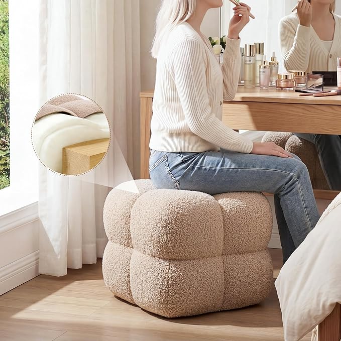 Zesthouse Square Pouf Ottoman, Modern Ottoman Coffee Table for Living Room, Fuzzy Sherpa Stool Foot Rest, Upholstered Tufted Stool for Couch, Tan