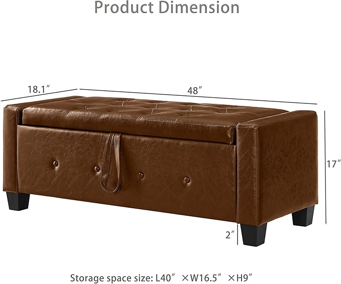 Betoko PU Leather Ottoman Bench with Storage,48" Mid Century Modern Storage Bed Bench for Bedroom,Button Tufted Ottoman Benches with Seating for Living Room,Entryway,Window (PU Brown)