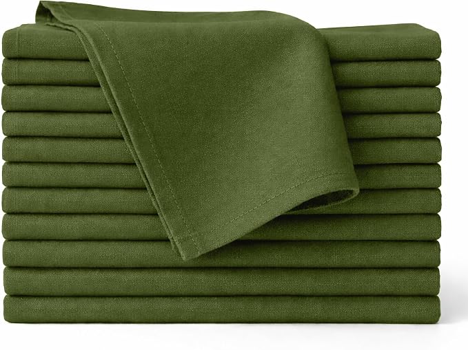 Cloth Napkins Set of 12, 100% Cotton Fabric Reusable Dinner Napkins, 18 x 18 Inch Washable Table & Kitchen Napkins for Everyday Dining, Entertaining, Home & Restaurant Use, Moss Green