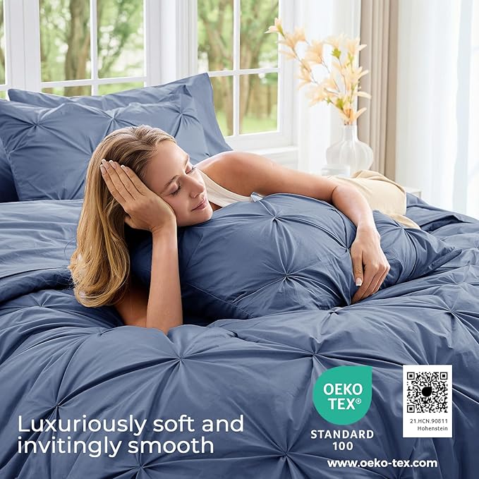 Sasttie Queen Comforter Set, 7-Piece Bed in a Bag, Pintuck Bedding Sets for All Season, Includes Comforter, Flat Sheet, Fitted Sheet, Pillowcases and Pillowshams, Slate Blue