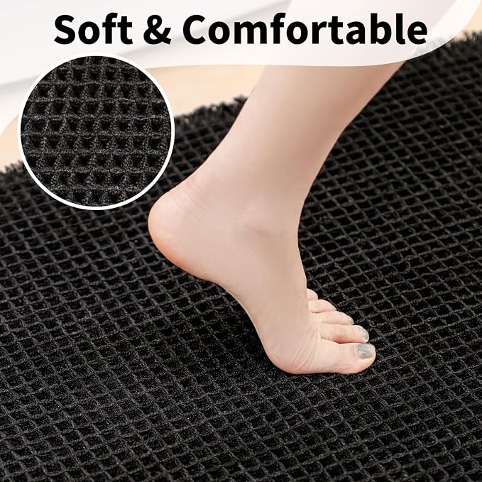 Bathroom Rugs Sets 2 Piece - Waffle Bath Mat Non Slip, Washable Bathroom Mats Absorbent Soft Boho Decor, Quick Dry Shower Mats, 2 Pack 18x30 Inch, Black