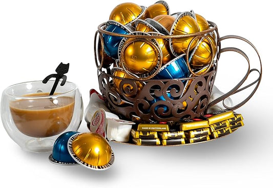 Made Easy Kit Coffee Pod Organizer Compatible with Nespresso Vertuo and Original - Countertop Sculpture Holder Basket Style for Café Bar, Corner Station Office Break Area (Cup & Tray)