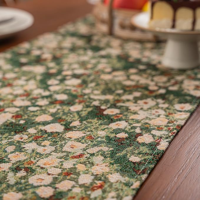 Floral Spring Summer Table Runner for Living Room Jacquard Flower Dining Table Runner with Tassels Daisy Decorative Elegant Natural Table Runners 13 x 48 Inch Green