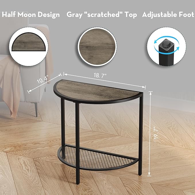 SAYGOER Small Half Moon Side Table 19.7'' Bed Night Stand 18.7"*10.4" Gray End Tables for Living Bed Room 2 Tier Faux Wood Couch Tables with Storage Shelf Adjustable Feet, Rustic Gray