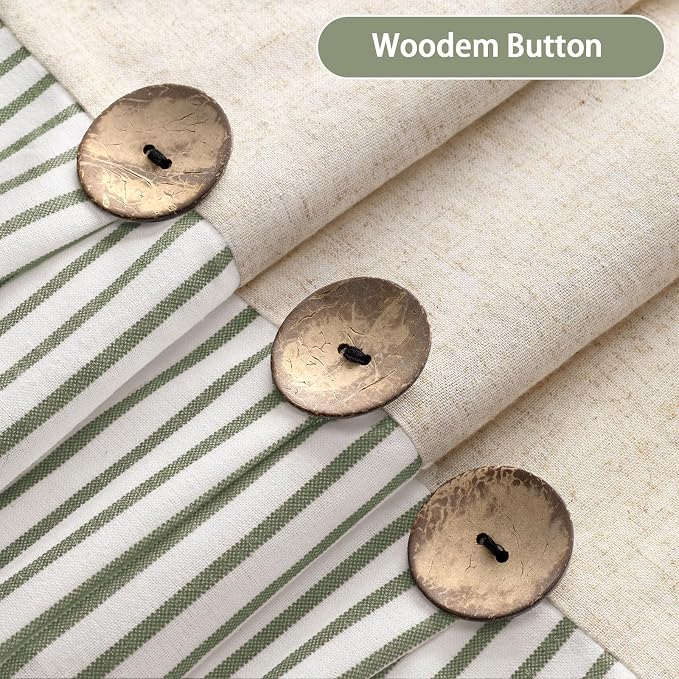 Farmhouse Shower Curtain Linen Button Woven Fabric Country Rustic Western, Pleated Green Stripe 72" W x 96" L