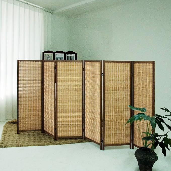 6 Panel Short Room Divider – 3.9 ft Tall Double-Side Folding Privacy Screen, Natural Brown Bamboo Partition Wall for Home Office, Living Room & Corner Spaces