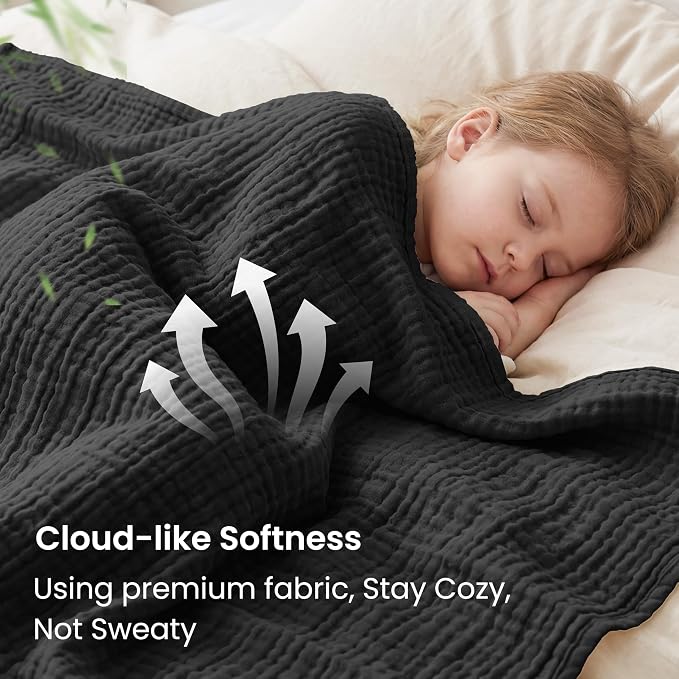 Love's cabin Cooling Muslin Blanket King Size, 50% Rayon Derived from Bamboo, 50% Cotton, 4-Layer Lightweight Breathable Summer Gauze Blanket for Bed, Soft for Hot Sleepers and Kids, 108"x90", Black
