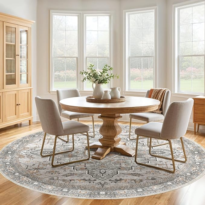 Round Rug Living Room Rugs: 8x8 Washable Boho Neutral Large Circle Soft Indoor Floral Stain Resistant Floor Farmhouse Carpet for Bedroom Nursery Kids Playroom Office Dining Room- Taupe