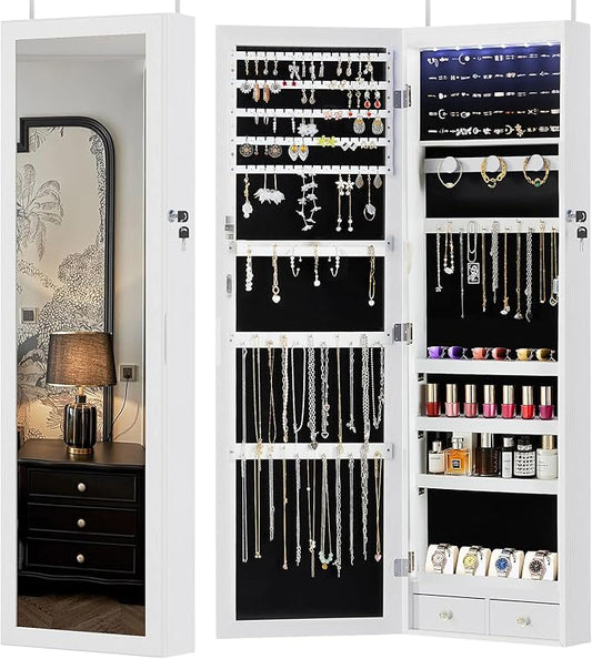 Sweetcrispy Jewelry Organizers and Storage, Wall/Door Mounted Jewelry Armoire with Full Length Mirror, 47.2" Tall Mirror with Storage, Automatic 6 LED Lights, Lockable, 2 Drawers, White