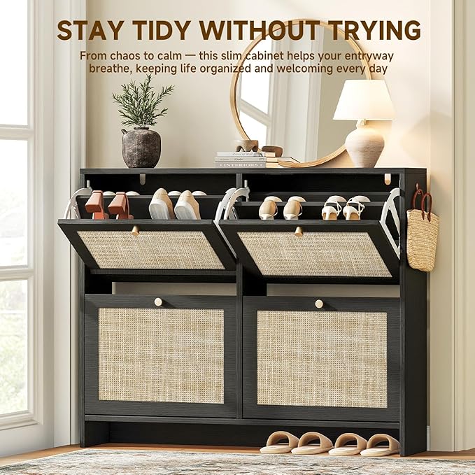 Nicetree Shoe Cabinet Storage for Entryway, 4-Flip Drawer Narrow Shoe Rack with Adjustable Shelves, Boho Modern Square Rattan Shoe Organizer, Slim Wood Storage Cabinets for Small Spaces Fits Size 13.5
