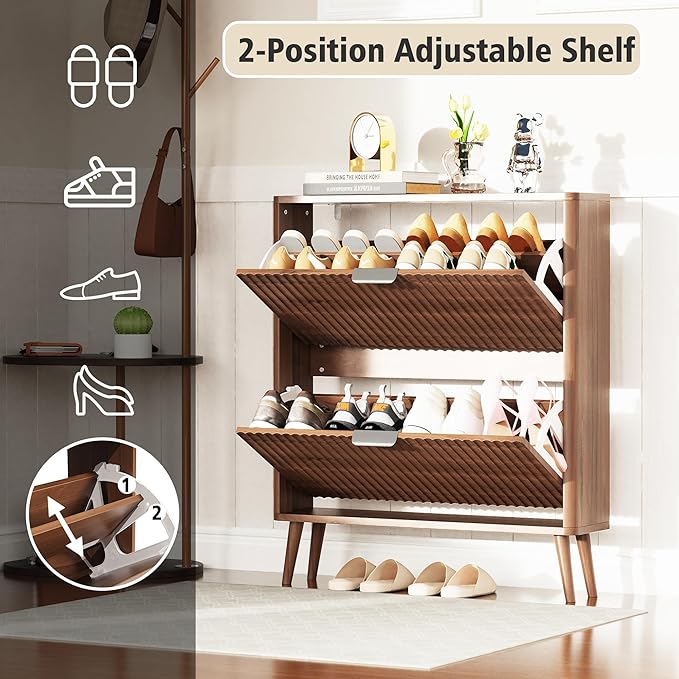 KIGOTY Narrow Shoe Storage Cabinet, Shoe Cabinet with 2 Flip Drawers, Freestanding Shoe Organizer with Legs for Entryway, Slim Shoe Rack Cabinet for Enterway (Walnut)