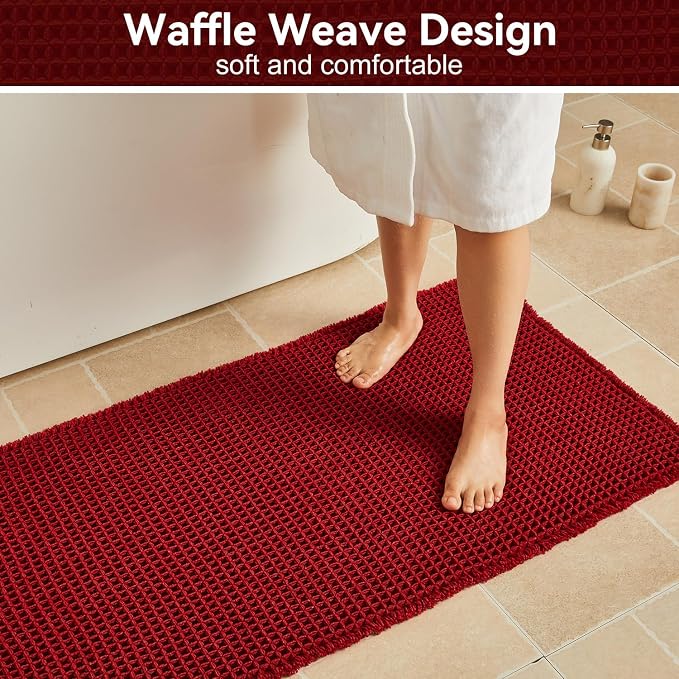Triohero Waffle Bath Mat, Small Boho Bathroom Rugs Non Slip Washable, Ultra Soft Super Absorbent Quick Dry Farmhouse Bathroom Decor, 16" x 24", Burgundy