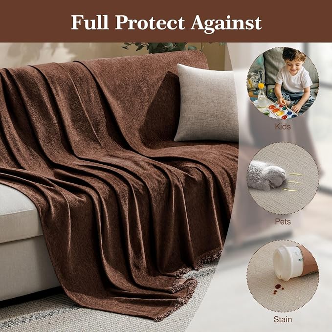Couch Cover for Dogs Sectional Sofa Cover Washable for 2 Cushion Couch, Chenille Couch Cover Blanket, Sectional Sofa Slipcovers, Multi-Use Furniture Protector for Kids, Pets, 71" X118", Coffee