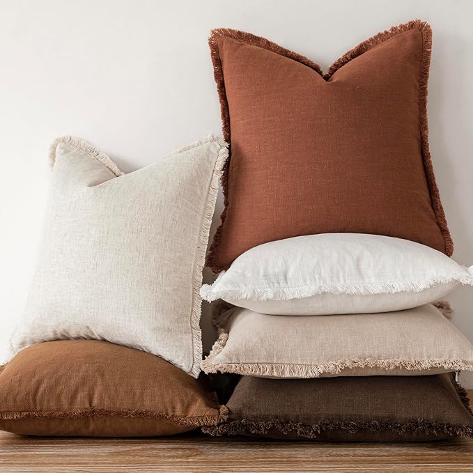Foindtower Set of 2 Decorative Linen Fringe Throw Pillow Covers Boho Farmhouse Cushion Cover with Tassels Soft Accent Pillowcase for Couch Sofa Bed Living Room Home Decor,24×24 Inch,Orange Brown