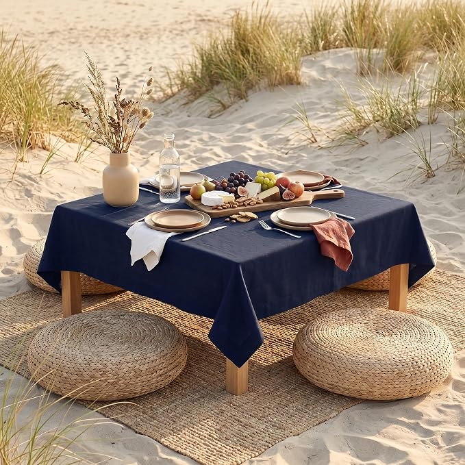 Solino Home Navy Blue Linen Tablecloth 52 x 52 Inch - 100% Pure Linen Square Table Throw - Fete, Machine Washable Table Cloth for Summer, 4th of July