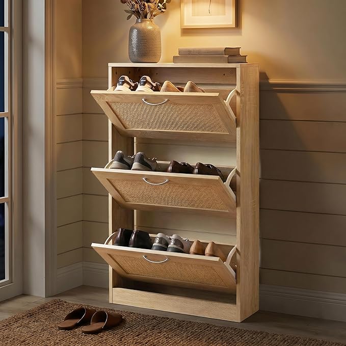 HOPUBUY Rattan Shoe Cabinet for Entryway, Narrow Shoe Storage Cabinet with 3 Flip Drawers, Hidden Shoe Cabinet Wood 3 Tier Slim Shoe Rack for Home and Apartment, Nature | Shoe Storage Cabinet, Hidden, Shoe Cabinet Wood, Slim, Shoe Rack