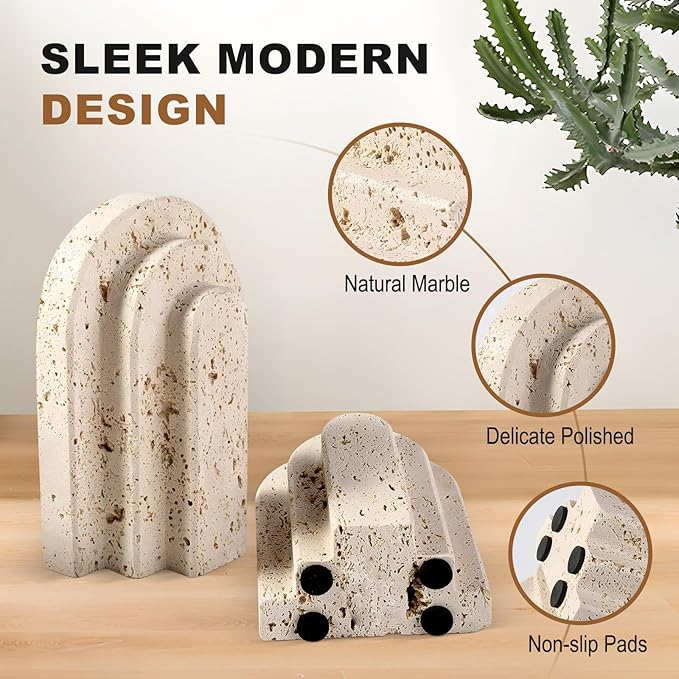Natural Marble Book Ends - Heavy Duty Bookends for Shelves - Aesthetic Layered Arch Design Stone Book Holders, Unique Modern Office Bookshelf Stopper Decor for Books/CDs(Travertino Turkey)