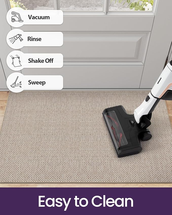 DEXI Ultra Thin Door Mat Indoor Entrance 17x30, Non Slip Rubber Backed Entryway Mats Dirt Trapper, Low Profile Front Doormat for Inside Entry, Patio, Porch, Beige