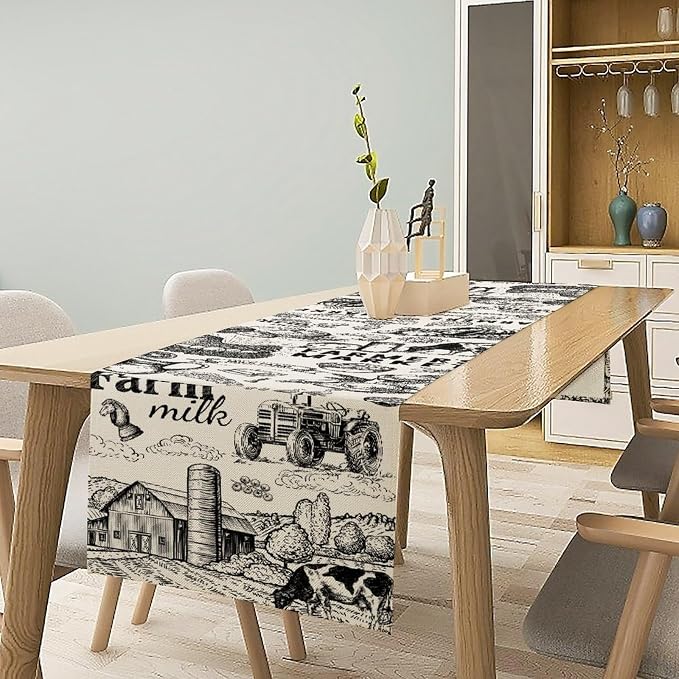 Vintage Tractor Milk Farm Table Runner Retro Western Country Farmhouse Animal Food Chicken Pumpkin Cow House Fall Kitchen Dining Table Decoration for Living Room Holiday Outdoor Home Party 13x60in