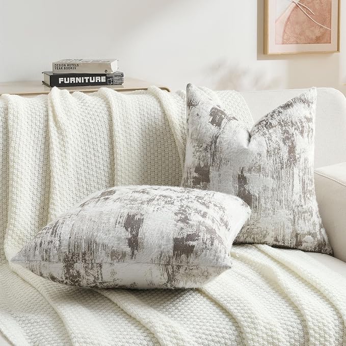 FUTEI Pack of 2 Faux Cashmere Jacquard Throw Pillow Covers 18x18 Inch Soft Marble Pattern Vintage Decorative Cushion Case Modern Farmhouse Accent for Couch Bed Living Room, Taupe White