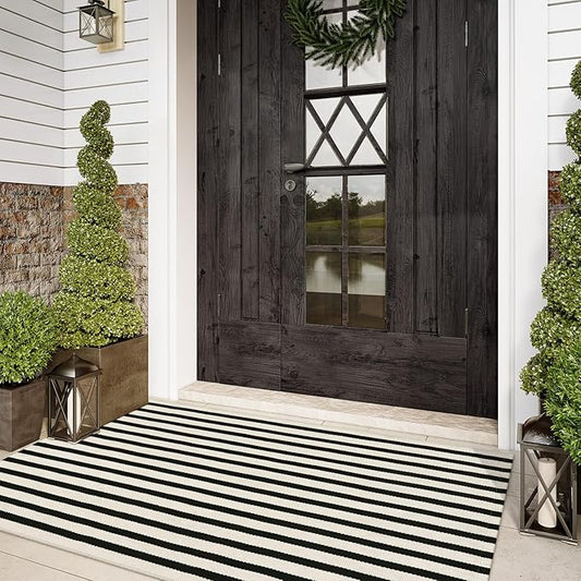 Striped Outdoor Rugs 3'x5', Cotton Hand Woven Rug Front Door Mat,Washable Reversible Layered Door Mats, Foldable Front Porch Rug for Entryway/Home Entrance/Farmhouse(Black and White)