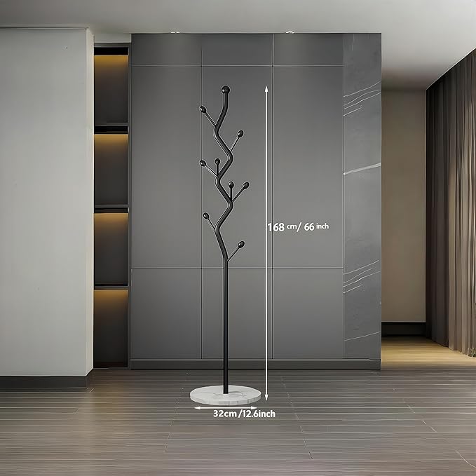 Modern Freestanding Coat Rack, Tree-Shaped Metal Hall Tree with 8 Hooks & Marble Base, Sturdy Entryway Organizer for Coats, Hats, Scarves, Purses, Ideal for Bedroom, Hallway, Office(Black)
