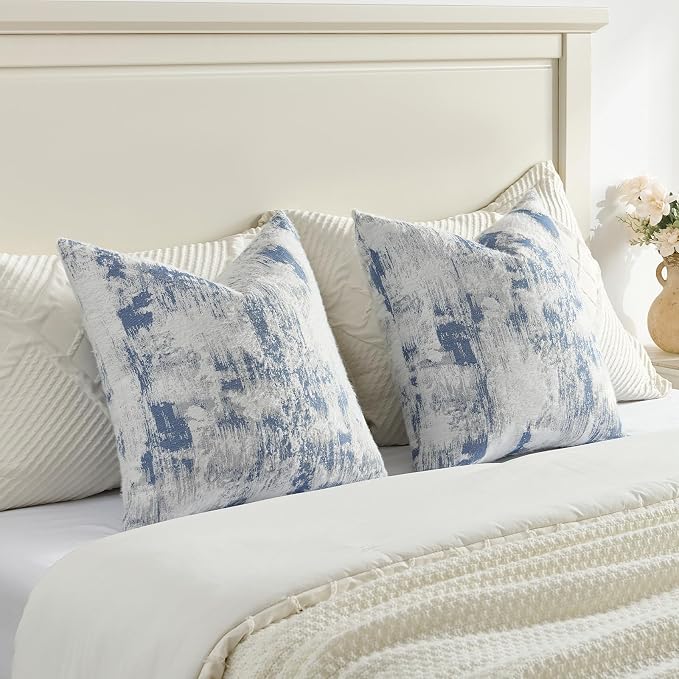 FUTEI Pack of 2 Faux Cashmere Jacquard Throw Pillow Covers 24x24 Inch Soft Marble Pattern Vintage Decorative Euro Pillow Shams Modern Farmhouse Accent for Couch Bed Living Room, Blue White