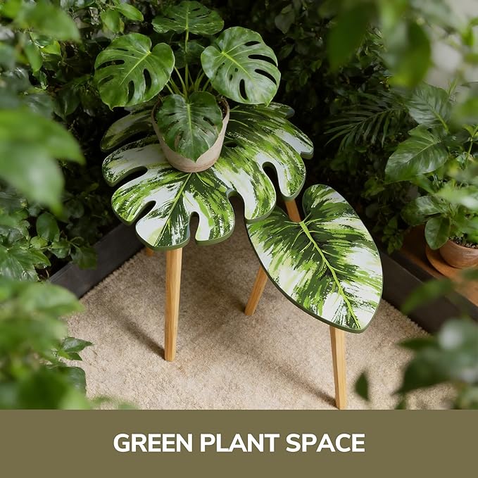 BAMEOS Monstera Leaf Nesting Tables Set of 2, Small Side Tables f Set with Leaf Vein Pattern, Modern Wooden CoffeeTables for Living Room Bedroom Apartment Balcony Yard