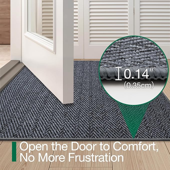 LUMI Ultra Thin Indoor Door Mat for Entrance 24"x36", Non Slip Entryway Mat, Low Profile Doormat, Unique Herringbone Design Carpet for Inside, Patio, Porch, Medium Gray
