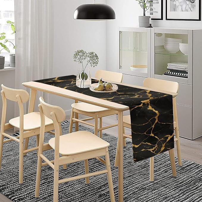 Marble Table Runner, Luxury Black Gold Abstract Textured Marble Table Decoration Runner for Kitchen Dining Cafe Party Wedding, 13x36 Inch