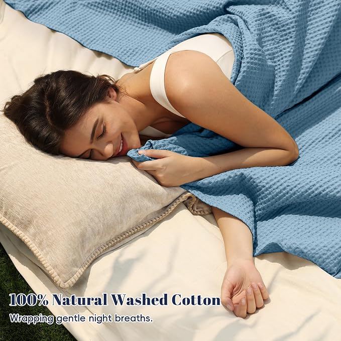 PHF Pre-Washed 100% Cotton Waffle Weave Blanket Twin Size for Bed,Snag Proof Throw Blanket for Couch Spring Summer Lightweight Breathable,Machine Washable, Home Decor Gift - Dusty Blue