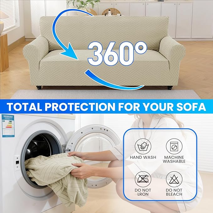 Stretch Sofa Slipcover 3 Cushion Couch X-Large Sofa Cover,91"-110" Non Slip Soft Couch Sofa Cover Washable Furniture Protector with Non Skid Foam and Elastic Bottom for Kids, Pets,Khaki