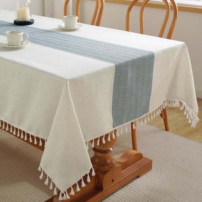 Alsoo Blue Tablecloth Rectangle 55 x 106 Inch, Waterproof Fade Resistant Table Cloth Cotton Linen Fabric for Outdoor Beach Coastal Dining Picnic Summer