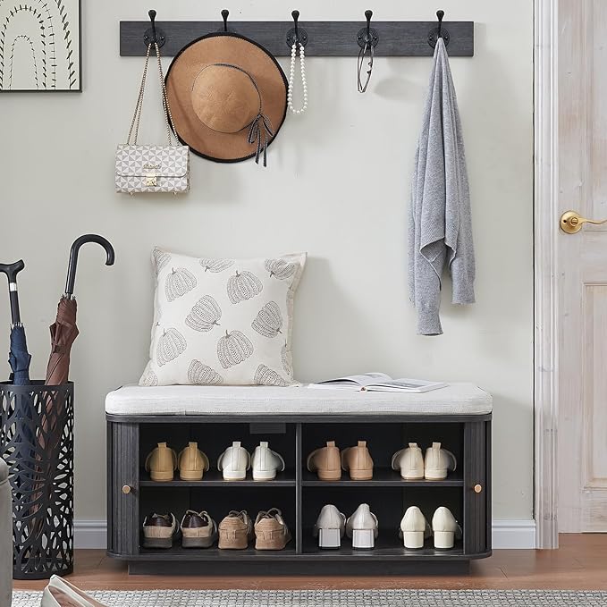 Hall Tree with Bench and Shoe Storage, Entryway Bench with Sliding Door Cabinet, Removable Padded, Metal Wall Hooks and Adjustable Storage Compartments, for Entry, Hallway, Living Room, Dark Grey
