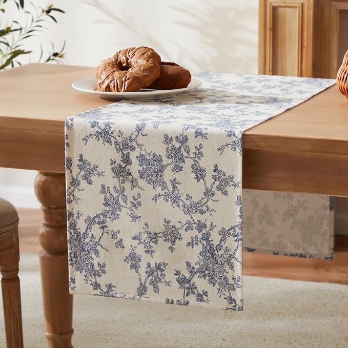 100% Cotton French Pastoral Table Runners, 13x48 Inch Blue Farmhouse Table Runners 48 Inches Long, Vintage Flowers Print Home Decors