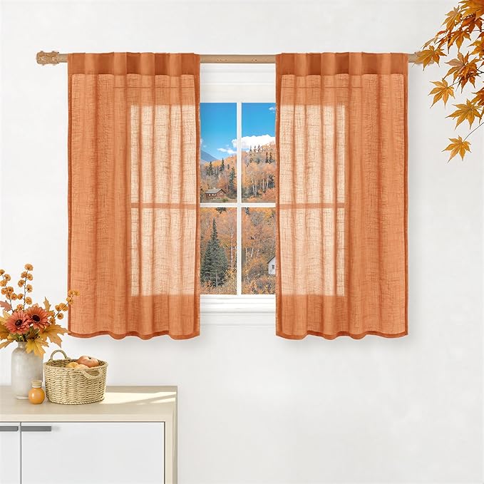 LAMIT Short Linen Curtains 40 Inch Length, Semi Sheer Light Filtering Panels Back Tab and Rod Pocket Rust Country Decor Drapes for Small Windows/Kitchen, Burnt Orange, 2 Panels, 34 x 40 Inch