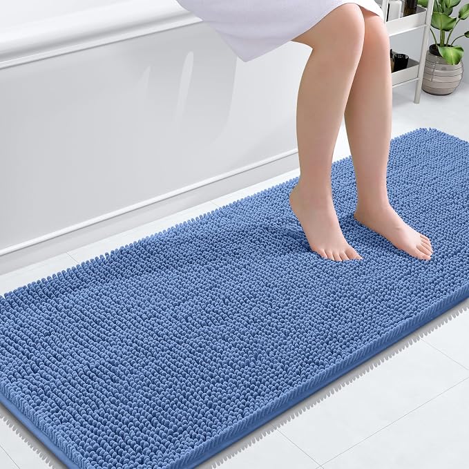 OLANLY Bathroom Runner Rugs 59x24, Soft Absorbent Chenille Bath Rugs, Rubber Backing Quick Dry, Machine Washable Long Bath Mats for Bathroom, Tub and Shower, Home Decor Accessories, Cornflower Blue
