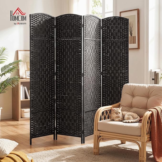 HOMCOM Room Divider 4 Panel, 6FT Tall Folding Privacy Screen, Freestanding Hand-Woven Partition for Room Separation with 360° Hinges, Paper Rope Diamond Weave, Coffee