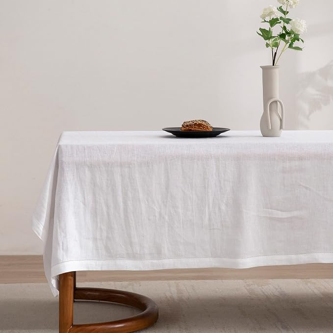 EVERLY Pure Linen Hemstitch Tablecloth,100% Stonewashed French Linen tablecloths for Kitchen Dining Rectangle Tables,60x84Inch Machine Washable Christmas Thanksgiving Organic Tablecloth-White