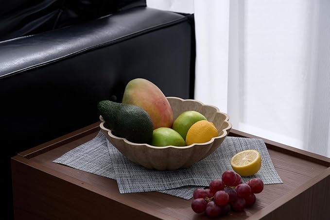 Large Decorative Bowl, Modern Storage Bowls for Home Decor, Artificial Stone Beige Color, Stylish Decorative Fruit Bowl for Kitchen Counter, Key Bowl for Entry Table, Ruffle Decor