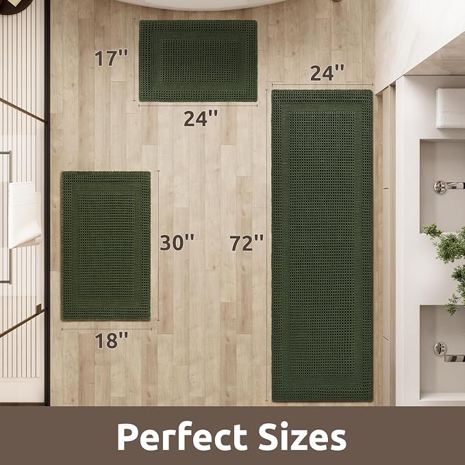 AMOAMI Waffle Bath-Mat, Absorbent Bath Mats for Bathroom Non Slip, Machine Washable Bathroom Rugs with Tassels Ultra Soft Boho Bath Rugs for Floor 2'x6'(24"x72") Dark Green