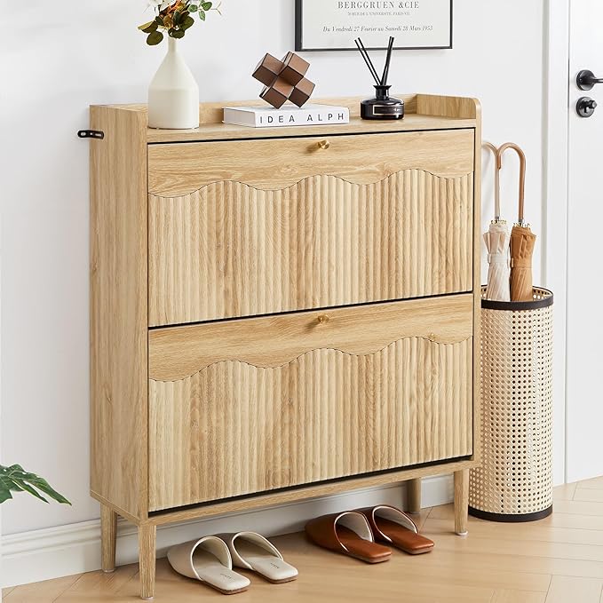 BERRYMERRY 31.5" Fluted Shoe Storage Cabinet for Entryway, 2 Flip Drawers Narrow Shoe Organizer for Hallway, Living Room